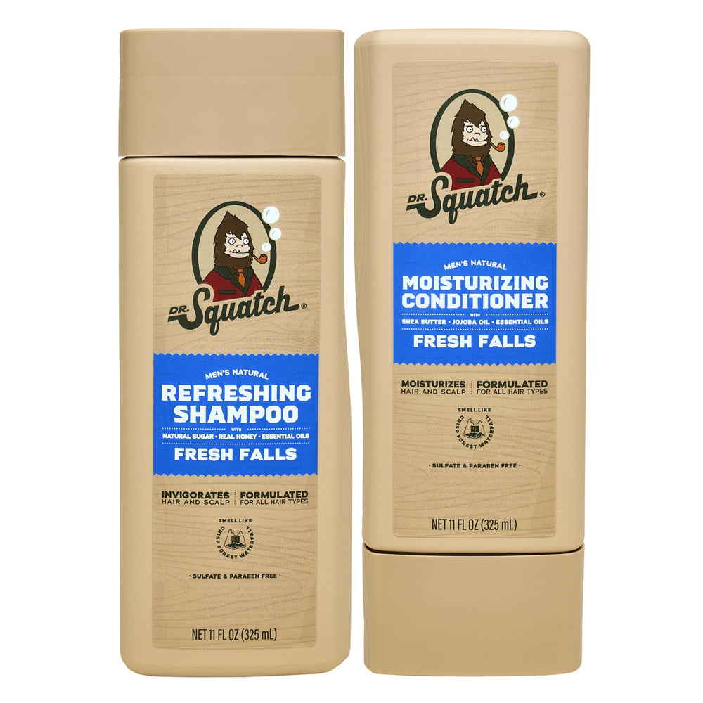 Dr. Squatch Fresh Falls shampoo bottle highlighting natural cleansing for daily use