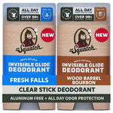 Dr. Squatch Invisible Glide deodorant bottle showing stain-free, clear finish for daily wear
