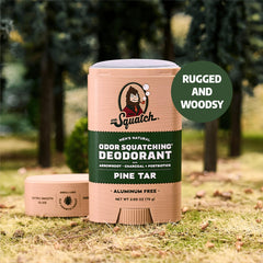 Dr. Squatch natural deodorant packaging box and stick on display.