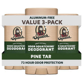 Dr. Squatch Pine Tar deodorant 3-pack on shelf for all-day freshness.