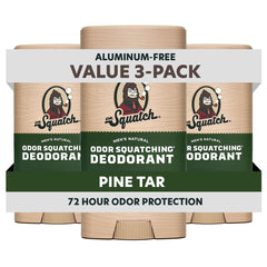 Dr. Squatch Pine Tar deodorant 3-pack on shelf for all-day freshness.