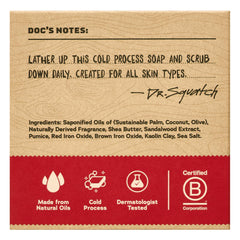 Dr. Squatch Sandalwood Summit bar soap closeup foam shows rich lather.