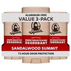 Dr. Squatch Sandalwood Summit deodorant stick showing natural protection with charcoal and postbiotics.