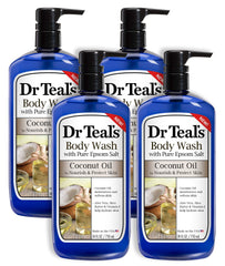 Dr Teal's Coconut Oil Body Wash four-pack bottle nourishes skin and soothes senses.