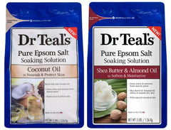 Dr Teal's Coconut Oil Epsom Salt bottle emphasizes skin nourishment and a calming soak.