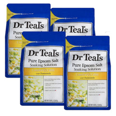 Dr Teal's Comfort Calm four-pack packaging shown for home spa setup.