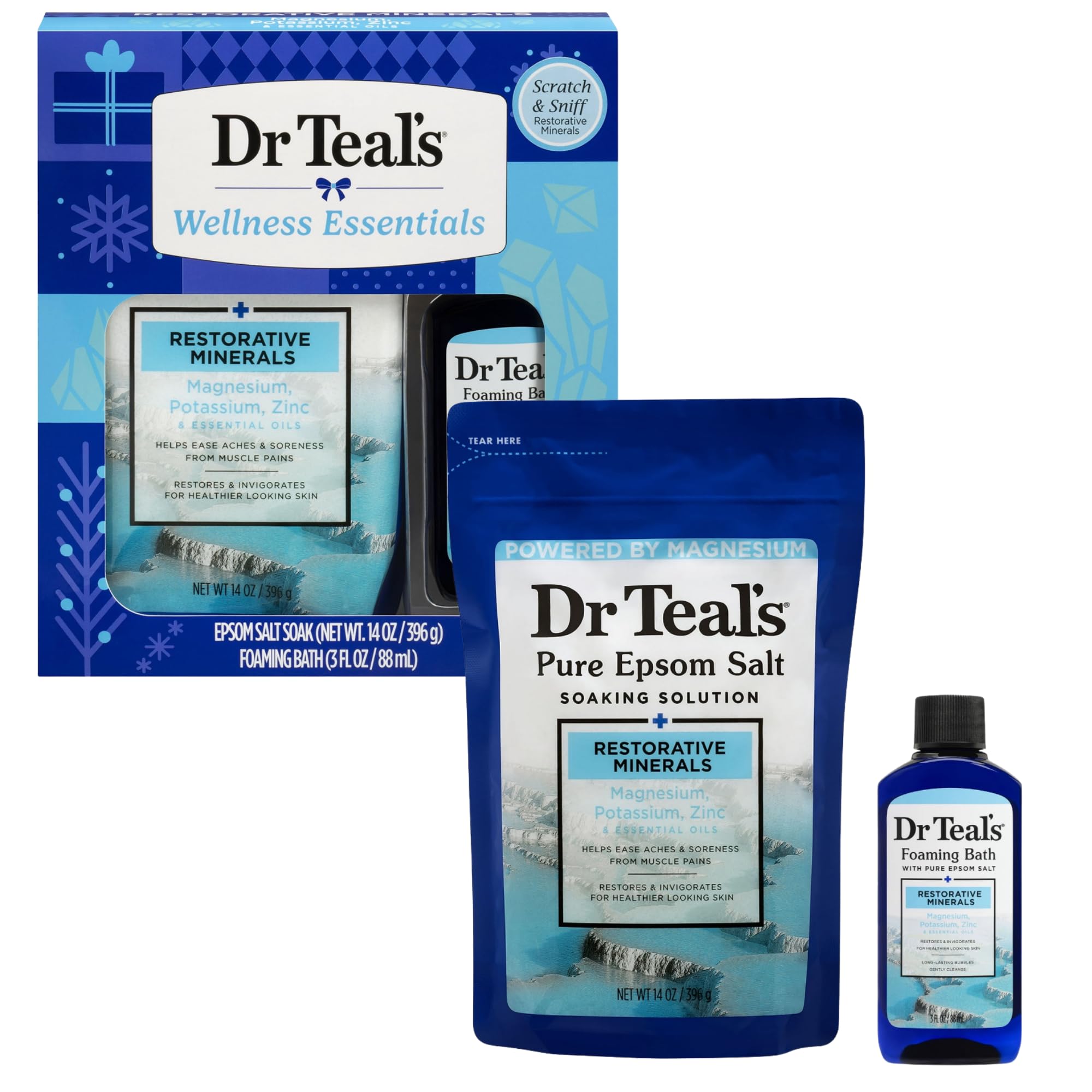 Dr Teal's holiday gift set with Epsom salt for soothing bath relaxation.