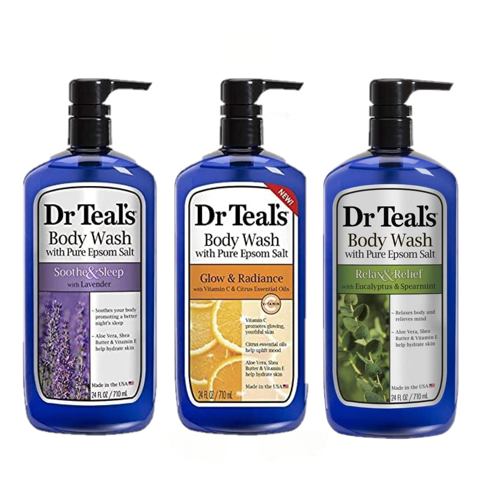 Dr Teal's Lavender body wash bottle pour for calming rest and relaxation.