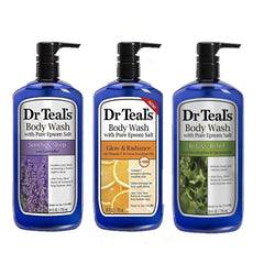 Dr Teal's Lavender body wash bottle pour for calming rest and relaxation.