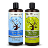 Dr. Woods liquid castile soap bottle pour highlights rich lather for gentle cleansing.