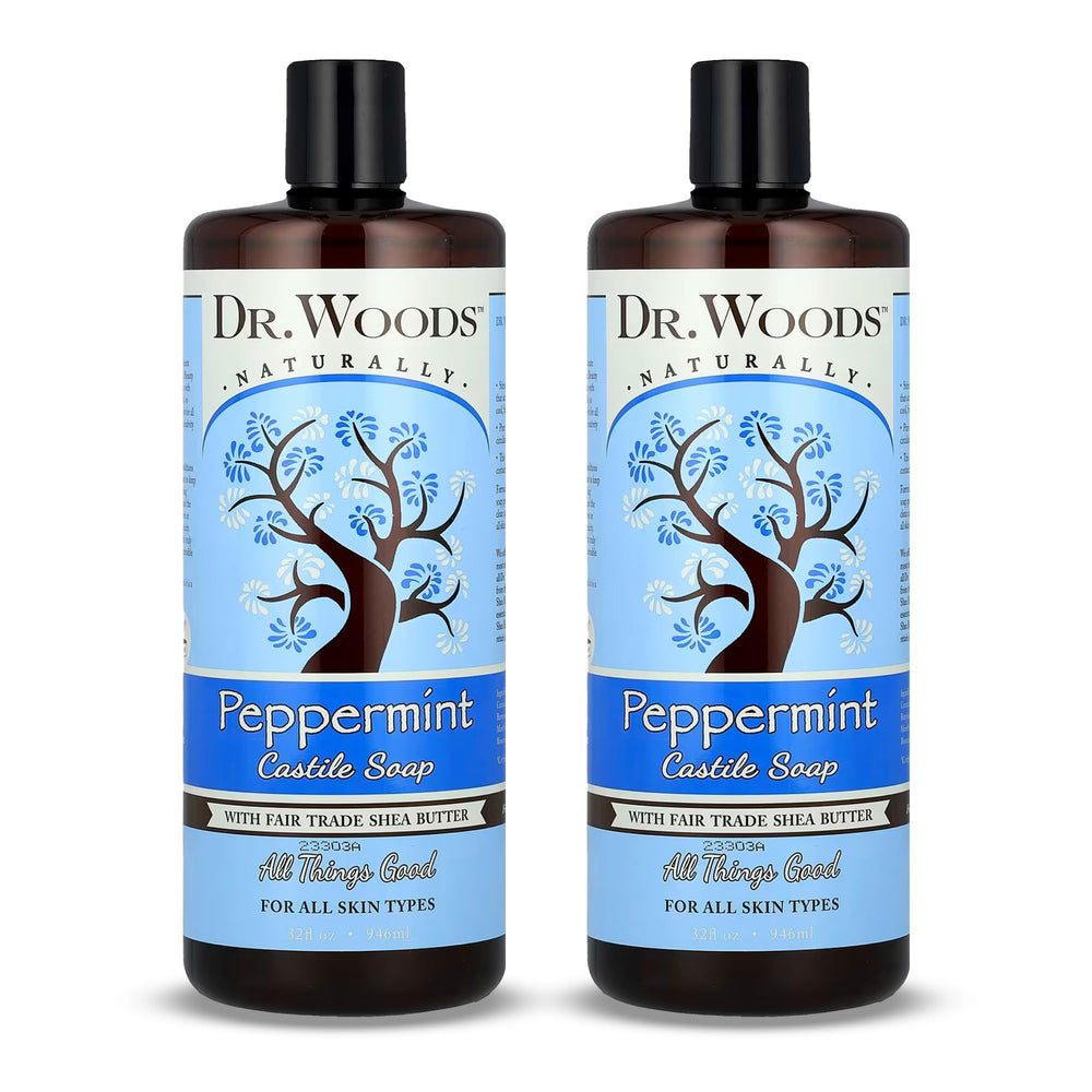 Dr. Woods peppermint castile soap bottle for gentle facial and body cleansing