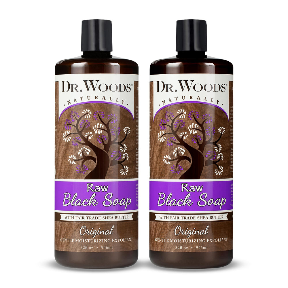 Dr. Woods Raw African Black Soap bottle pour for daily cleansing and hydration.