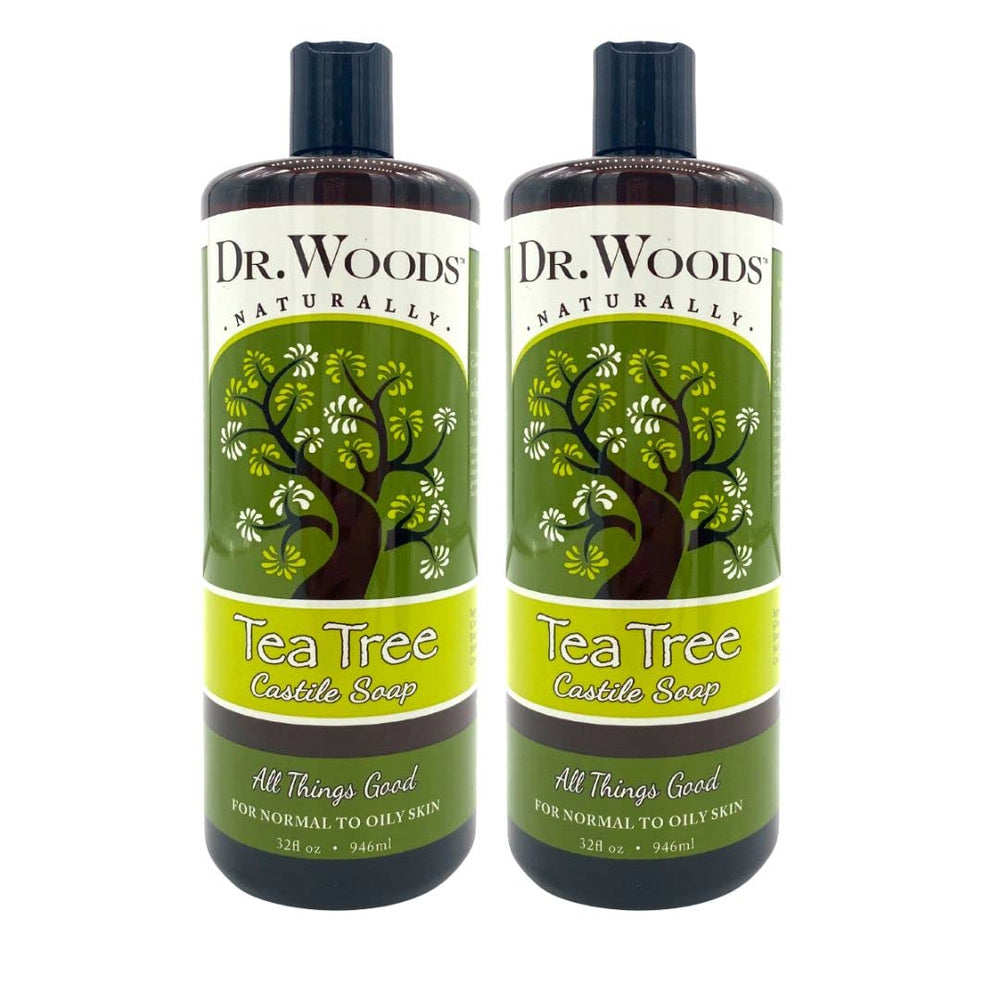 Dr. Woods Tea Tree Castile Soap bottle front view for everyday cleansing.