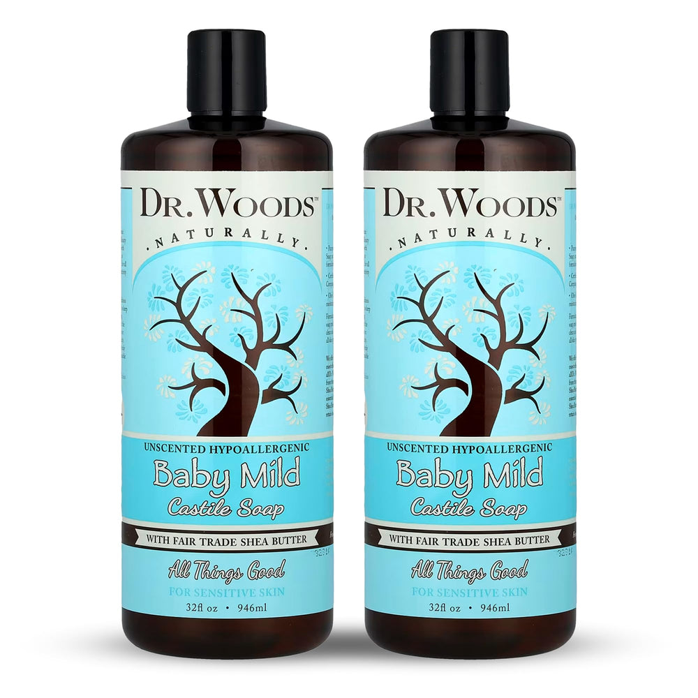 Dr. Woods unscented baby mild soap bottle, gentle cleanse for sensitive skin.