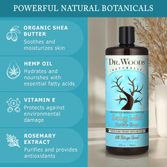 Dr. Woods unscented castile soap ingredients panel featuring organic shea butter and oils.