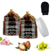 Dragon Honor Morocco Black Soap with Argan and Rose – amber gel texture for gentle cleansing.