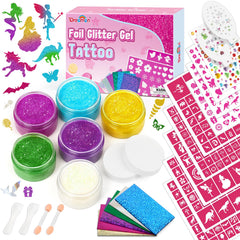 Dreamon tattoo kit front of box showing 6 glitter colors for kids' art