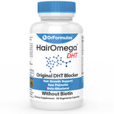 DrFormulas HairOmega DHT Blocker bottle shown for daily hair health support