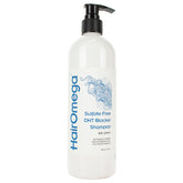 DrFormulas HairOmega Shampoo bottle being poured for nourished hair.