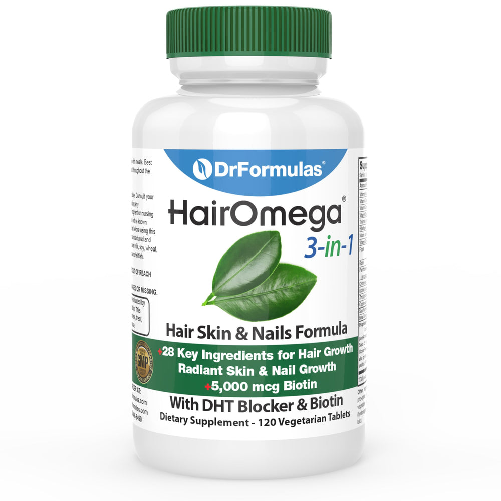 DrFormulas HairOmega bottle front showing 3-in-1 formula for hair, skin, and nails.