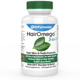 DrFormulas HairOmega bottle front showing 3-in-1 formula for hair, skin, and nails.