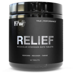 DRINK HRW RELIEF tablets bottle for easy post-workout recovery and relaxation.