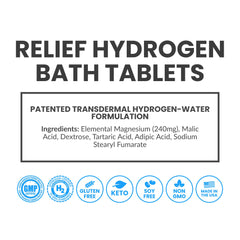 DRINK HRW RELIEF tablets dissolving in bath releasing hydrogen for soothing relief.