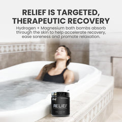 DRINK HRW RELIEF tablets being poured into a bath for a soothing soak.
