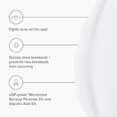 Close-up of DRMTLGY benzoyl peroxide 5% label highlighting deep pore action.