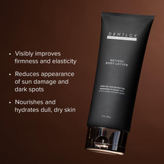 Close-up of DRMTLGY Retinol Body Lotion texture showing rich hydration.