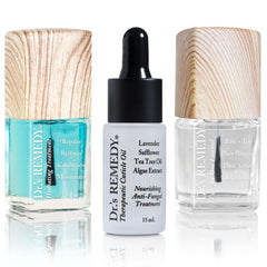 Dr.'s Remedy restorative remedy trio kit closeup showing glossy nails and packaging