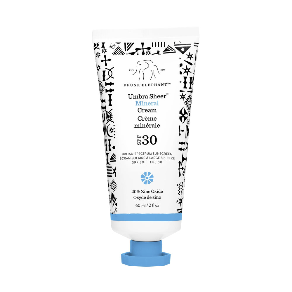 Drunk Elephant Umbra Sheer SPF 30 tube swatch showing lightweight, sheer coverage.