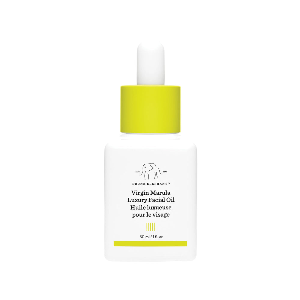 Drunk Elephant Virgin Marula Oil bottle shows nourishing hydration for all skin types.