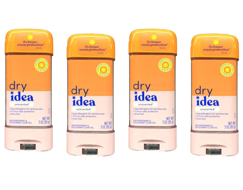 Dry Idea clear gel anti-perspirant four-tube packaging for convenient use