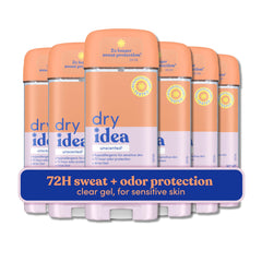 Dry Idea gel deodorant bottle pour showing quick-dry application for busy mornings