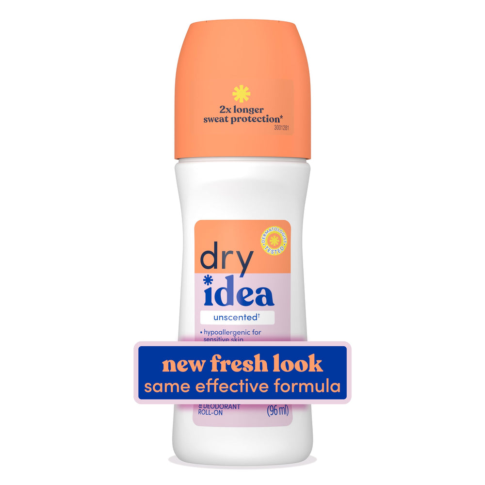 Dry Idea unscented roll-on bottle showing skin-friendly protection for daily wear