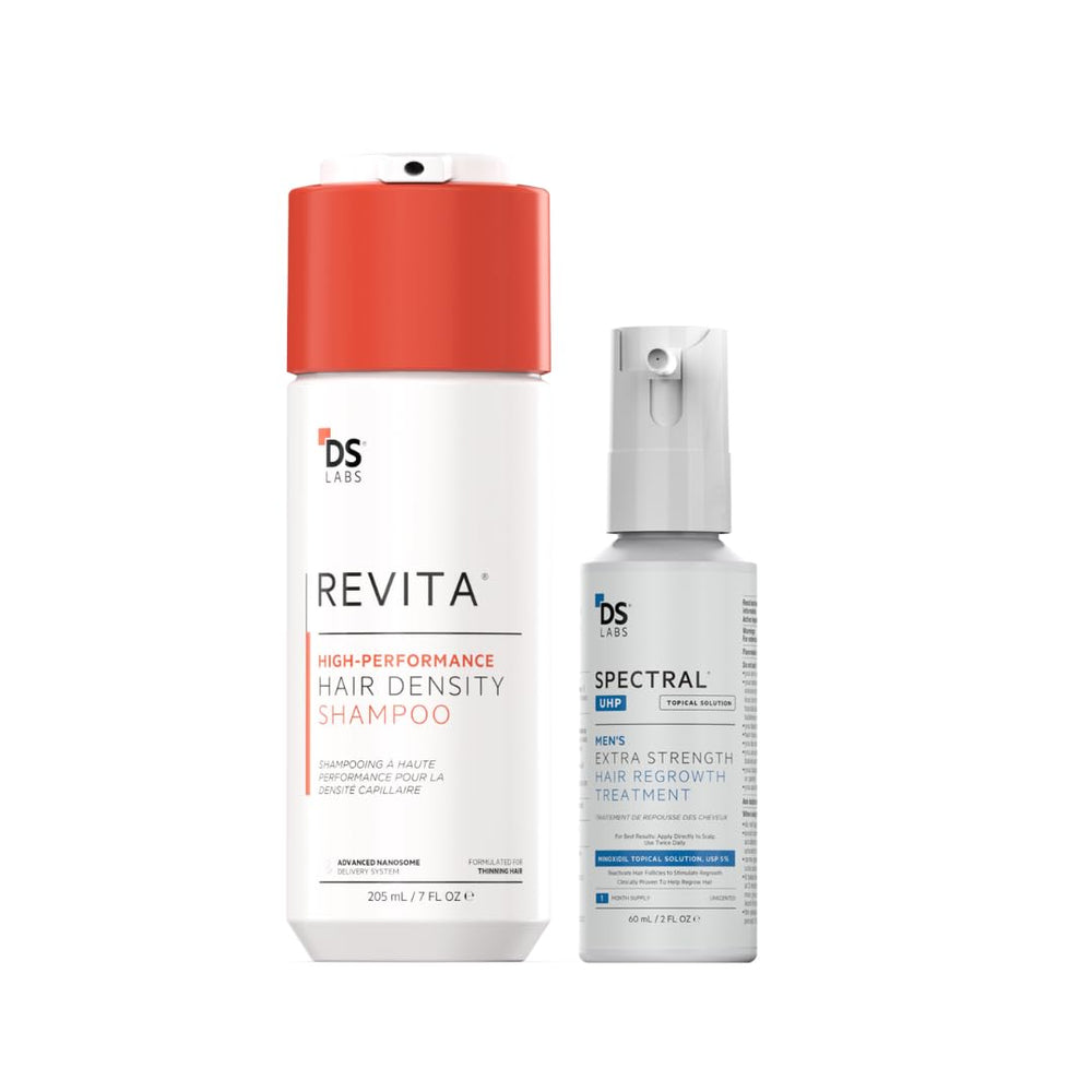 DS Laboratories Spectral.UHP bottle closeup showing 5% minoxidil for crown thinning
