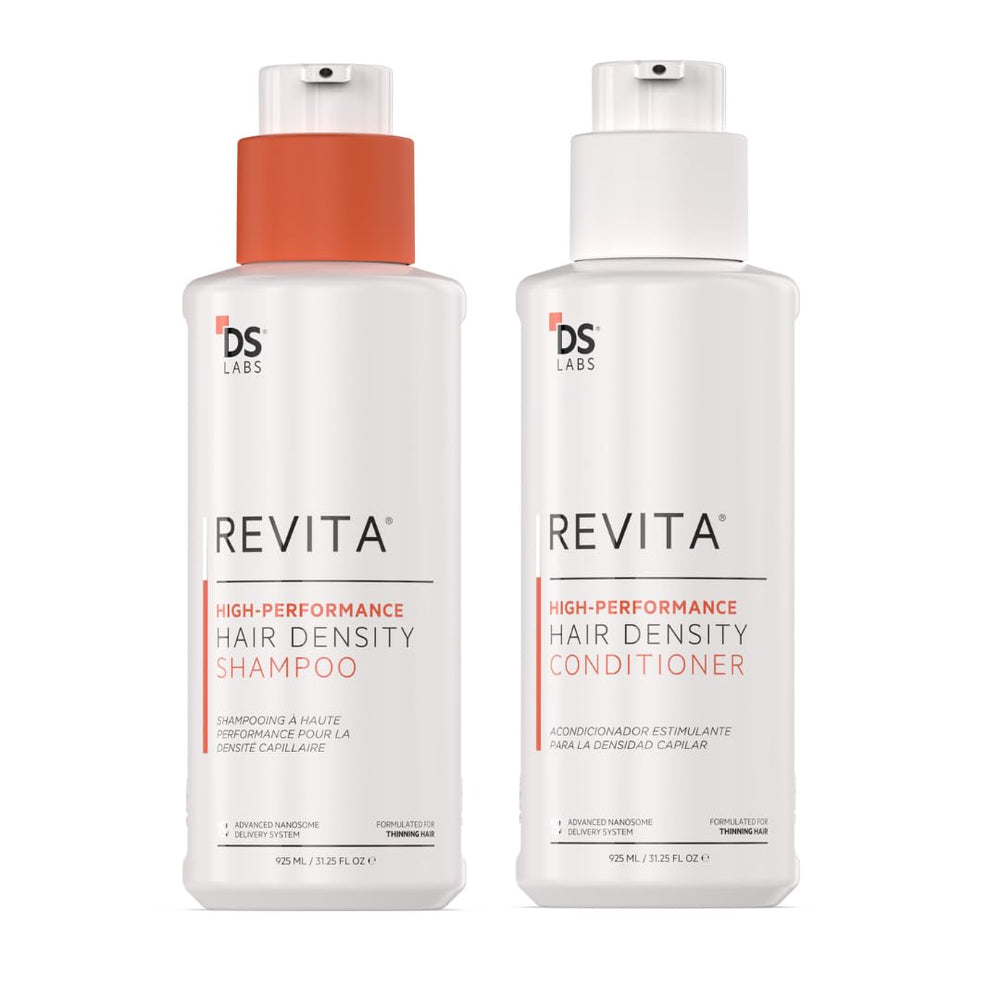 DS Laboratories Revita shampoo bottle showcases two-step system for a refreshed scalp and fuller look.