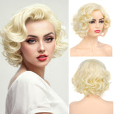 Dsimeig short curly wavy blonde wig on model for versatile daily wear.