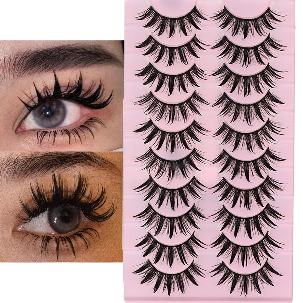 DSLONG 10-pairs manga lashes with wet look for bold cat-eye effect.