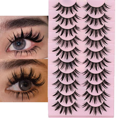 DSLONG 10-pairs manga lashes with wet look for bold cat-eye effect.