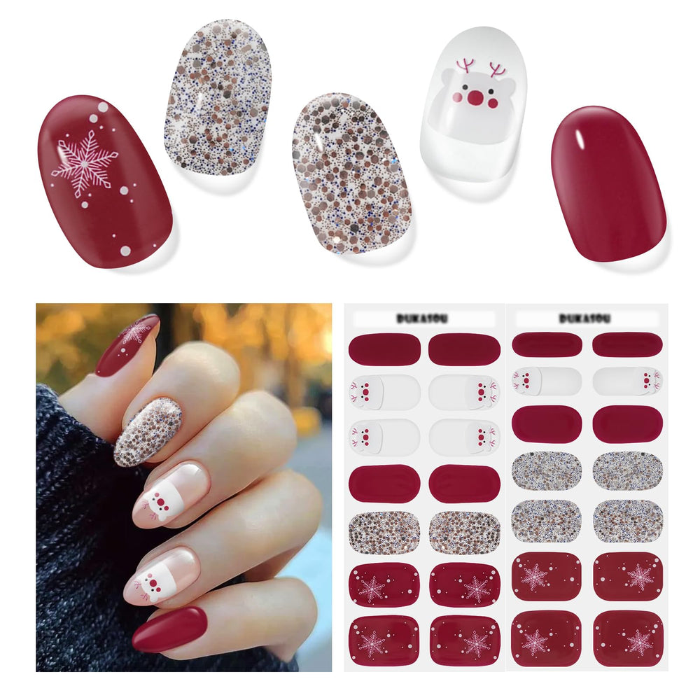 DUKASOU gel nail strips with Christmas snowflake design for festive at-home manicures.