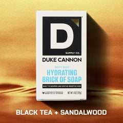 Duke Cannon Aloe-Shea Moisture Brick closeup highlights long-lasting hydration during cleansing
