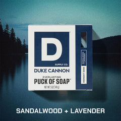 Duke Cannon round bar soap puck delivers a rich lather in the shower.