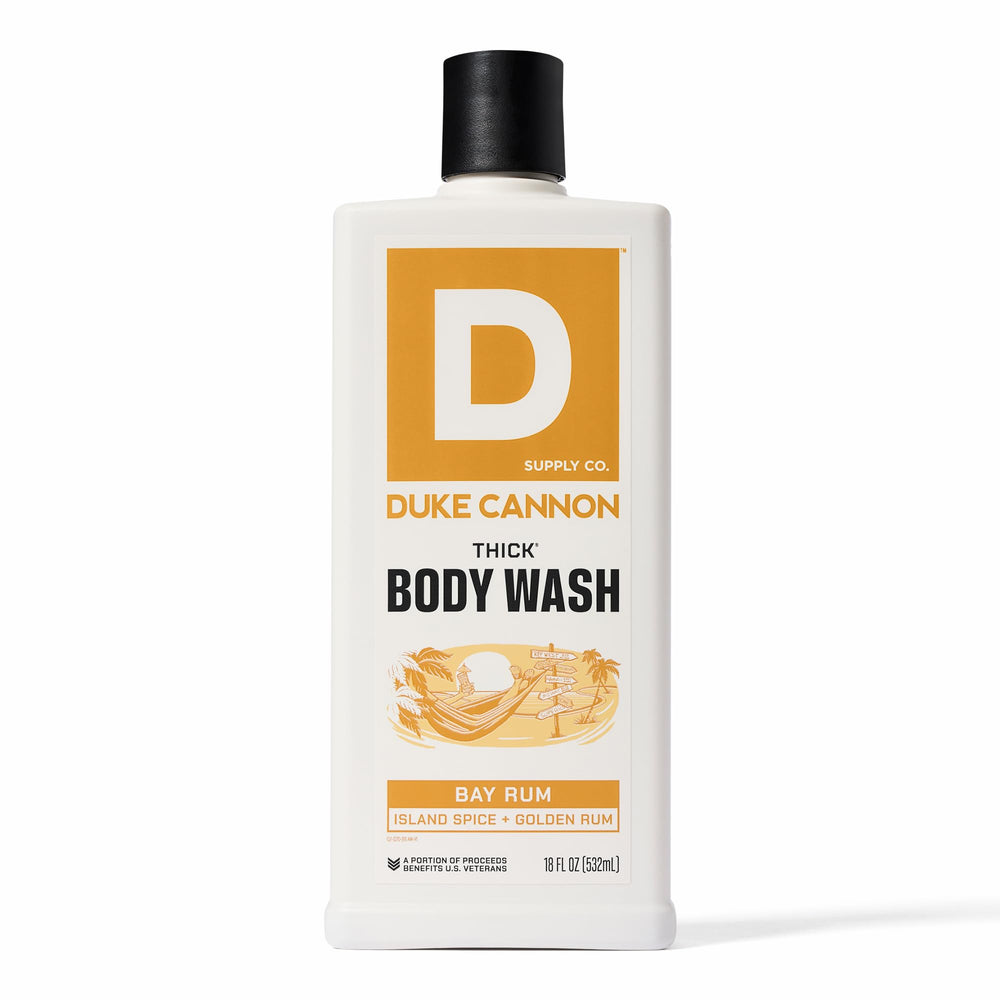 Duke Cannon Bay Rum Body Wash bottle close-up for daily use.