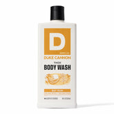 Duke Cannon Bay Rum Body Wash bottle close-up for daily use.