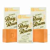 Duke Cannon Bay Rum soap brick closeup for rugged cleansing.