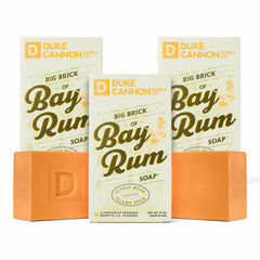 Duke Cannon Bay Rum soap brick closeup for rugged cleansing.
