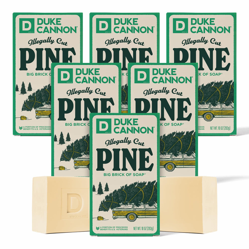 Duke Cannon Big Brick Soap Pine Packaging showcases rugged outdoors scent for grooming.