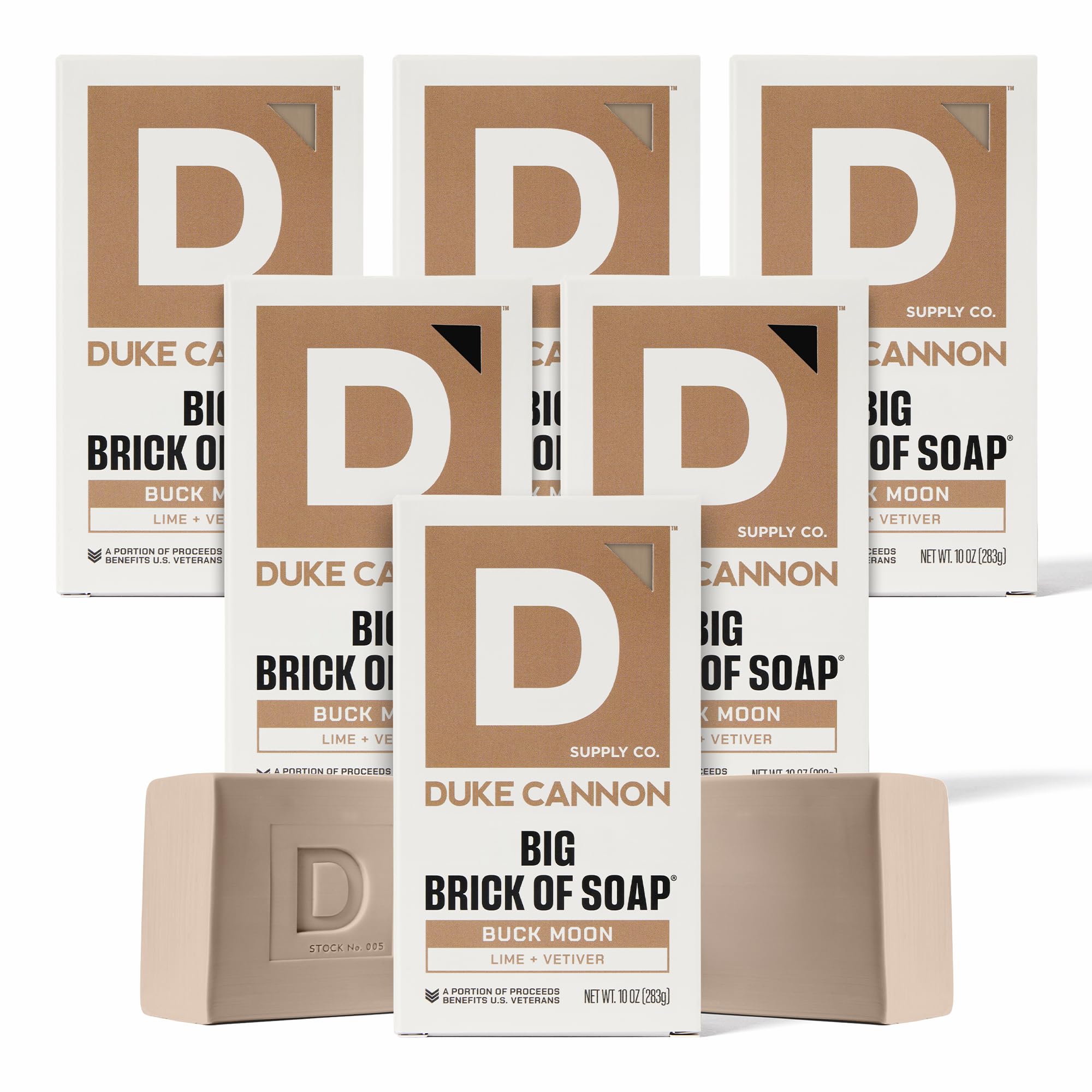 Duke Cannon Buck Moon six-pack display of bar soaps.